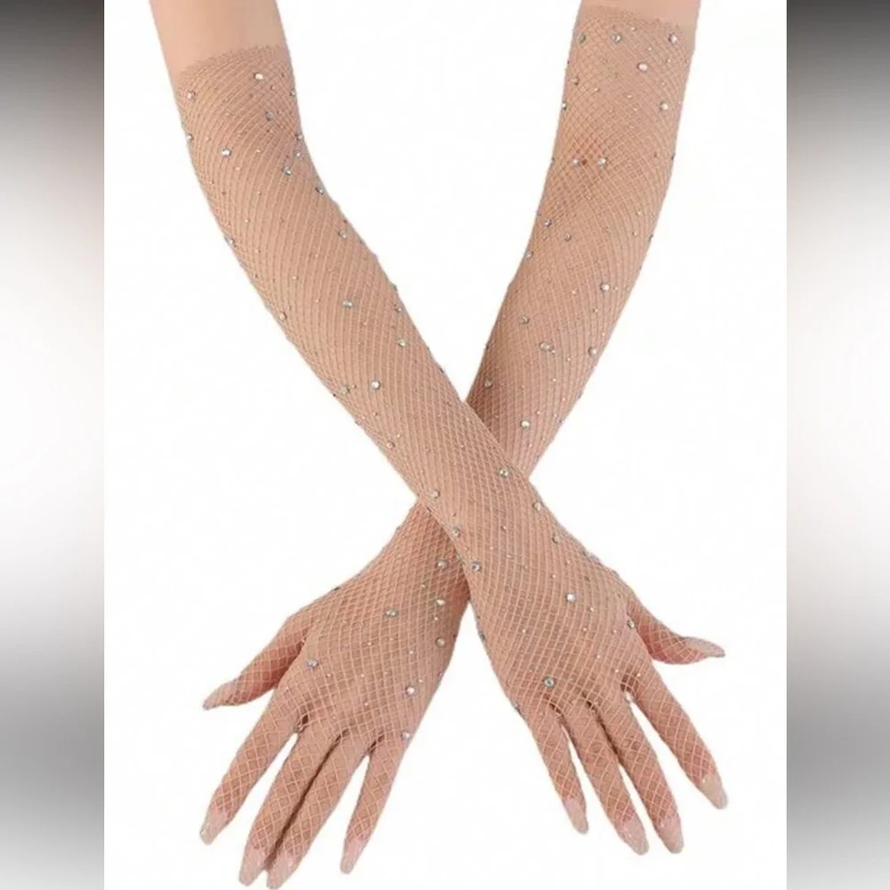Sparkle & Shine Nude Rhinestone Fishnet Gloves NEW 🏷️